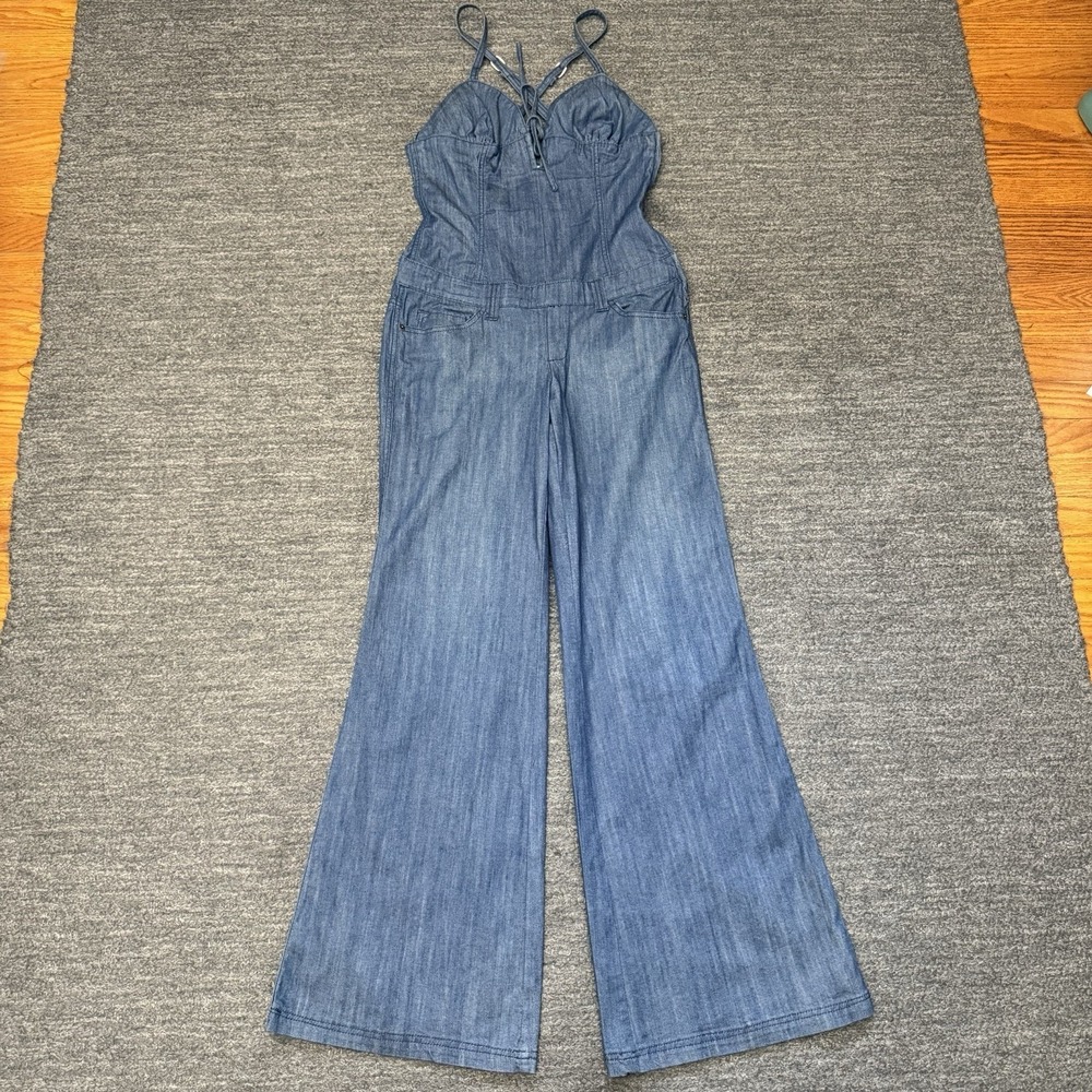 Vintage Arden B Jumpsuit Women Medium Denim Blue Wide Leg Western Y2K Disco